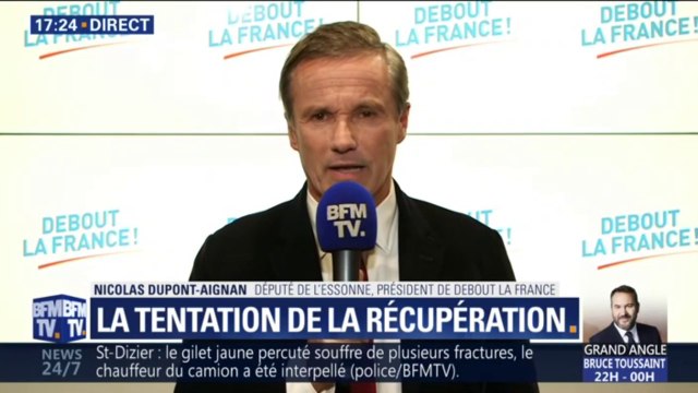 Nicolas Dupont-Aignan se défend de toute récupération: Je n'ai jamais dit que les gilets jaunes, c'était debout la France uniquement