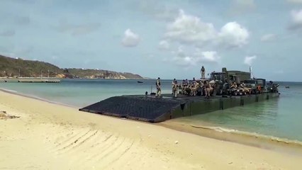 RFA MOUNTS BAY rolled out vehicles and Humanitarian Assistance and Disaster Releif (HADR)  team on their mexe flote this morning at Crocus Bay as part of a disa