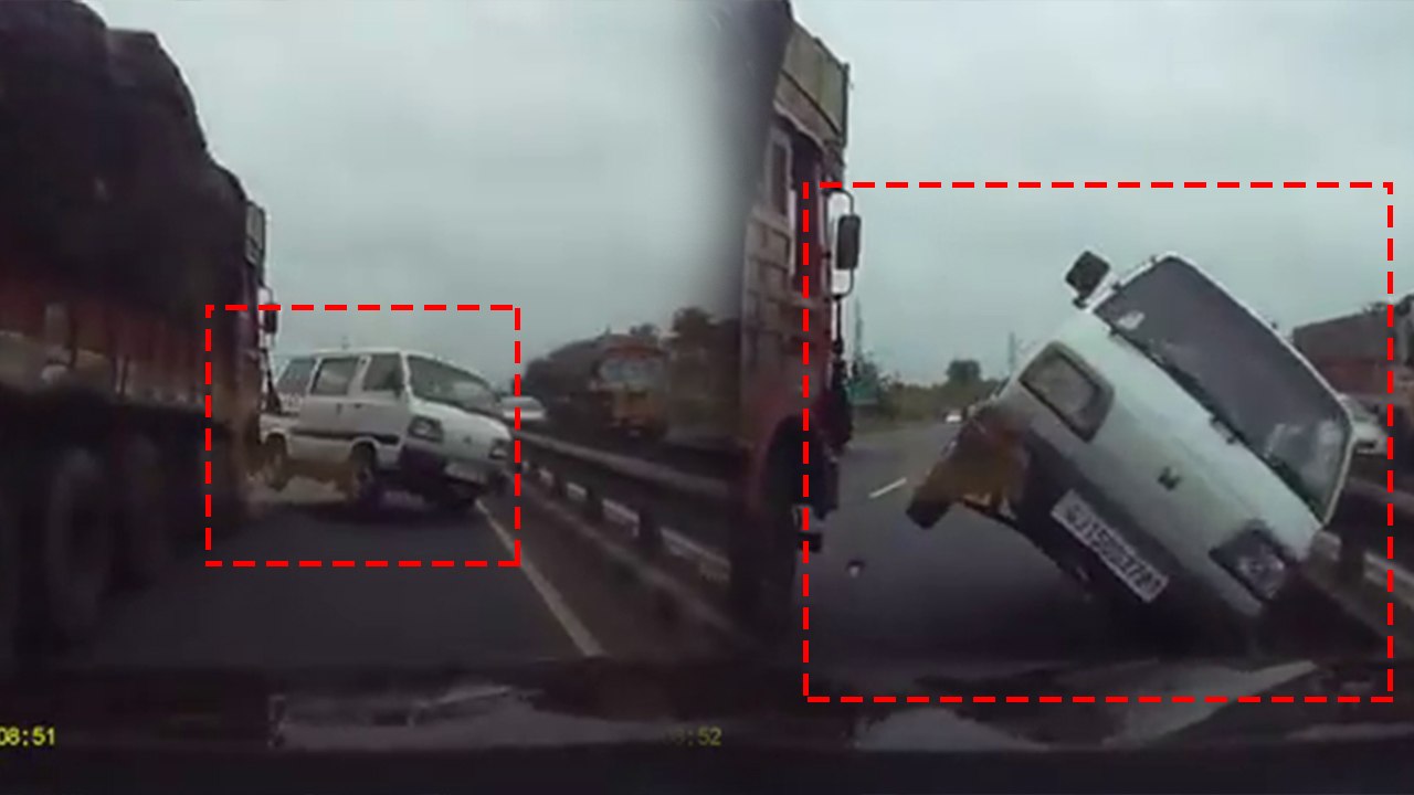 तेजी से जा रहे ट्रक के सामने आई वैन, 180 डिग्री पर घूमी, देखिय रूह कंपा देने वाला VIDEO