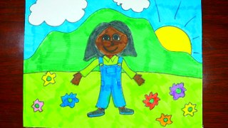 Speed Drawing Of Girl, Meadow, Mountain, Blue Sky and Sun