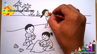 Vẽ tranh bé đi biển/How to Draw Baby seafarers