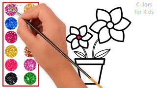 How to Draw Flower With Colored Glitter For Kids | Drawing And Coloring Page For Children