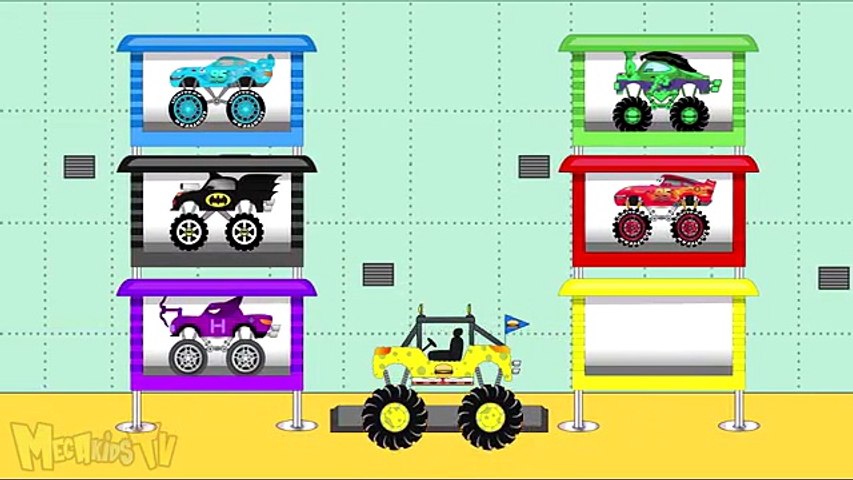 New Superheroes Monster Trucks Get Into Parking Building - Video For Kids