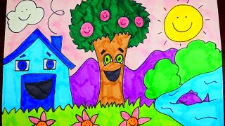 How To Draw A Cartoon House And Tree | Kids Coloring Video