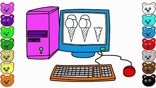 How to Draw Desktop Computer with Ice Cream - Coloring Book for Kids