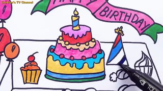 How to Draw Birthday Party for Kids with Cream Cake, Candy, Gift Box and Teddy Bear. Coloring Book