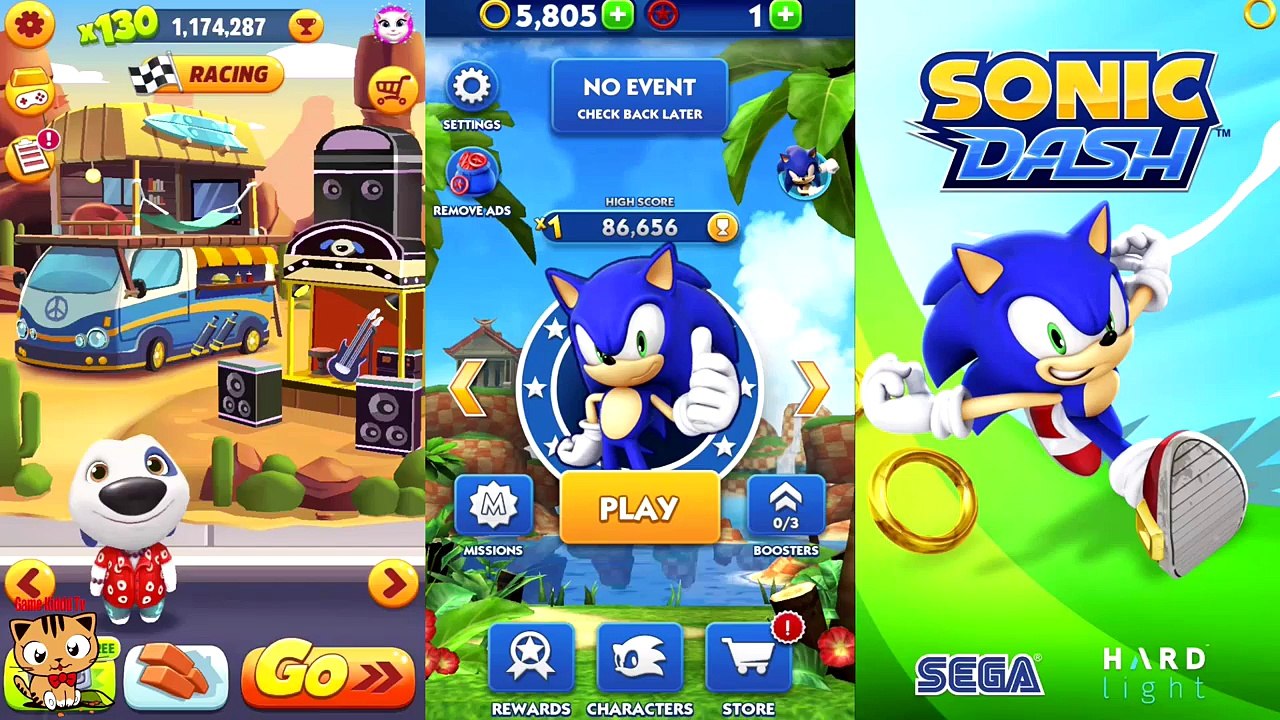 Talking Tom Gold Run And SONIC Dash Gameplay -  HAWAIIAN Hank And Sonic Run