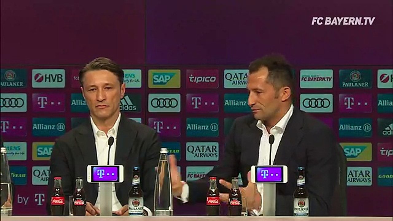  New head coach Niko Kovac is joined by new signing Serge Gnabry and  sporting director Hasan Salihamidžić at the Allianz Arena for the first FC Bayern press c
