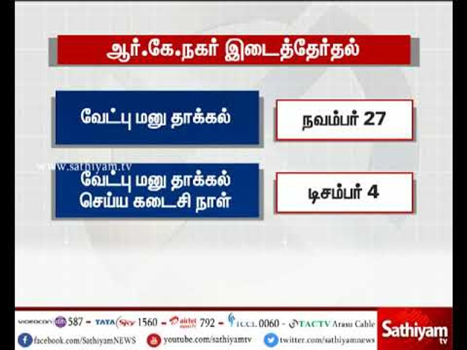 சென்னை ஆர்.கே.நகர். தொகுதியில் டிசம்பர் 21 ஆம் தேதி இடைத்தேர்தல்