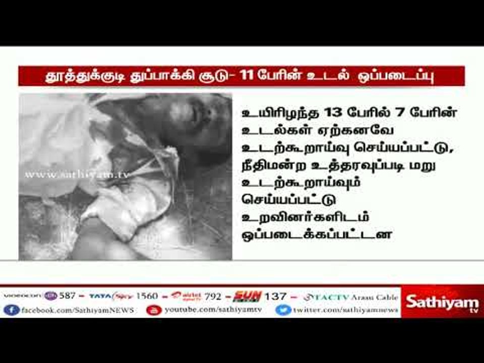 தூத்துக்குடி துப்பாக்கிச்சூடு- உடற்கூறாய்வு செய்யப்பட்ட 11 பேரின் உடல் உறவினர்களிடம் ஒப்படைப்பு