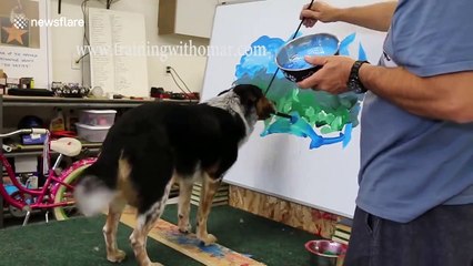 Jumpy the dog paints a landscape with the help of his trainer