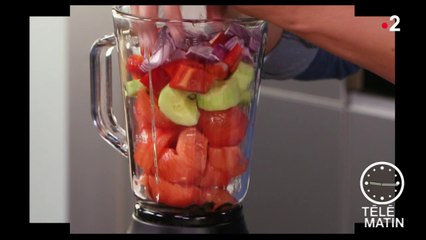 Gourmand - Gaspacho d’été aux billes de melon, concombre et mozzarella