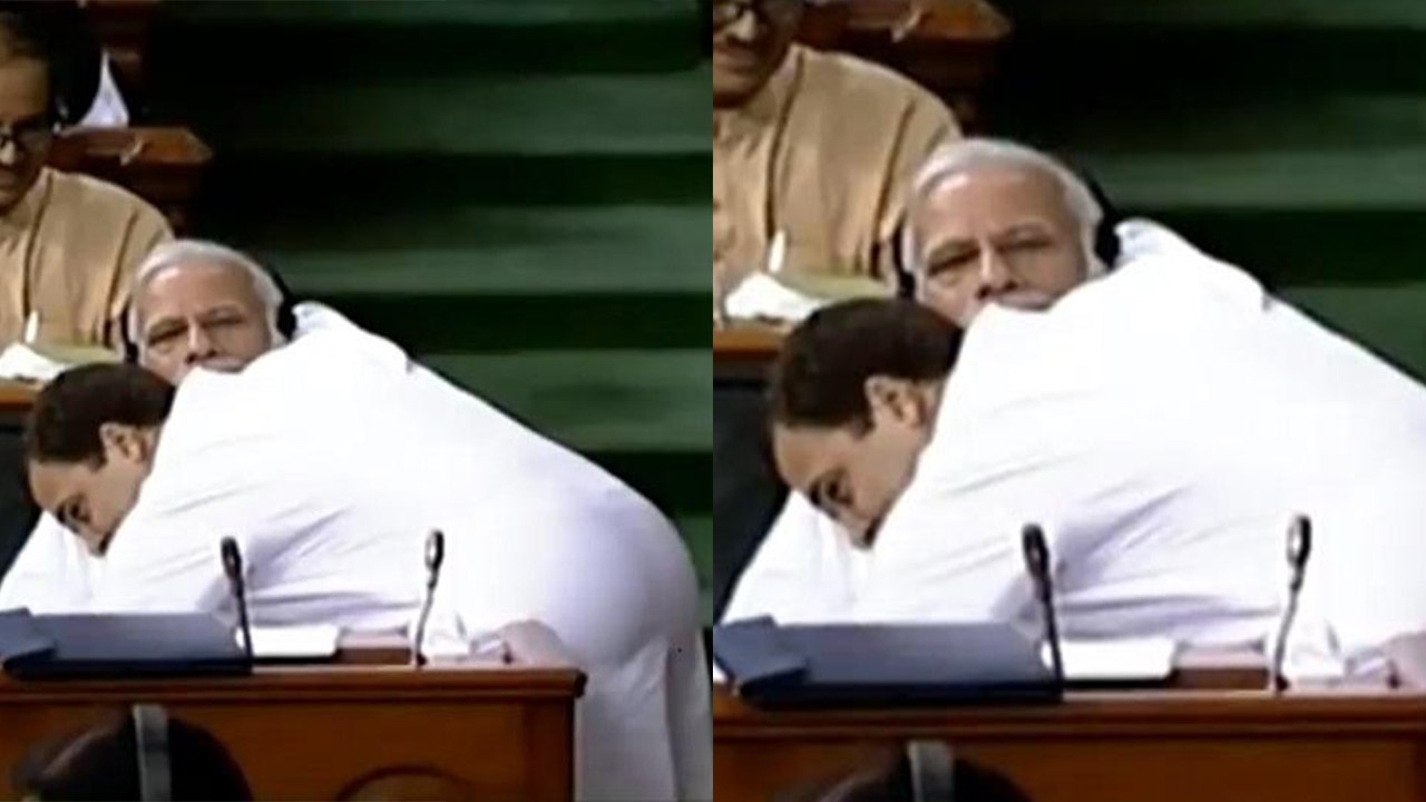 Rahul Gandhi HUGS PM Narendra Modi after his Lo...