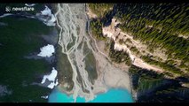 Beautiful drone footage of glacial lake in west Canada