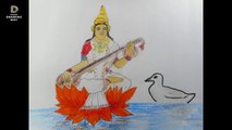 How to draw maa saraswati thakur with oil pastels for saraswati puja ( 121)