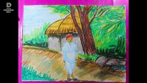 How to draw village scenery with oil pastel step by step_A man walking in the village ( 117 )