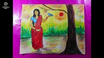 How to draw scene bird lover girl step by step with oil pastel colour drawing ( 118 )