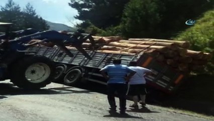 Tomruk yüklü kamyon kanala devrildi