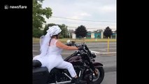 Bride rides Harley in her wedding dress on way to her ceremony