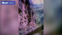 بالفيديو صخرة كبيرة تسقط على سيارة بالصين! شاهد ماذا حدث