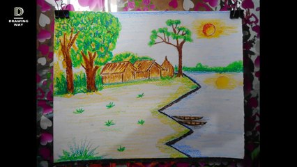 How to draw scenery of summer season step by step (very easy) with oil pastels ( 148 )