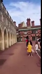 حارس الملكة إليزابيث يدفع سائحة بقوة.. وهذا رد فعلها