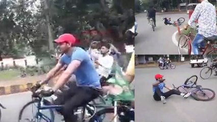 VIDEO: साइकिल चलाने निकले तेजप्रताप के साथ हुआ हादसा, बीच सड़क गिरे धड़ाम