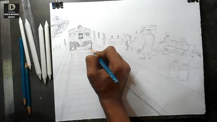 How to draw train station sketch step by step ( 161 )