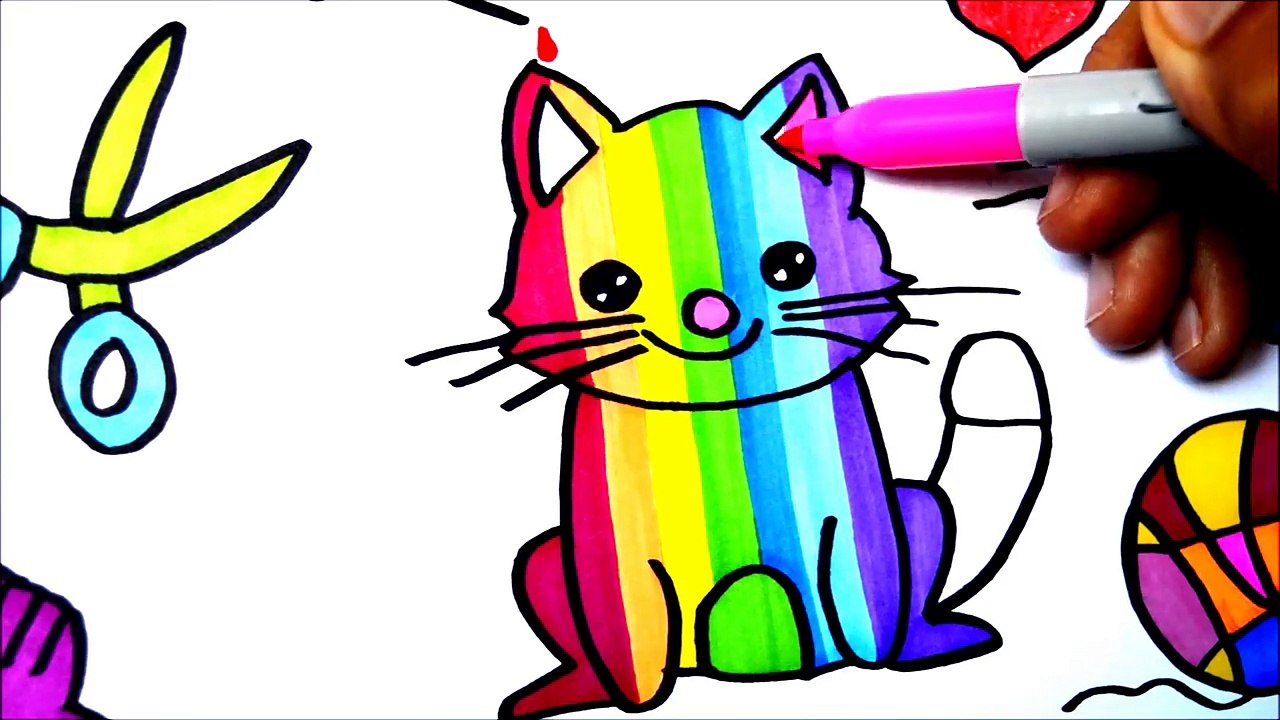 How to Draw and Color Cute Kitty Cat l Rainbow Color Cat Drawing and Coloring For Kids Lea