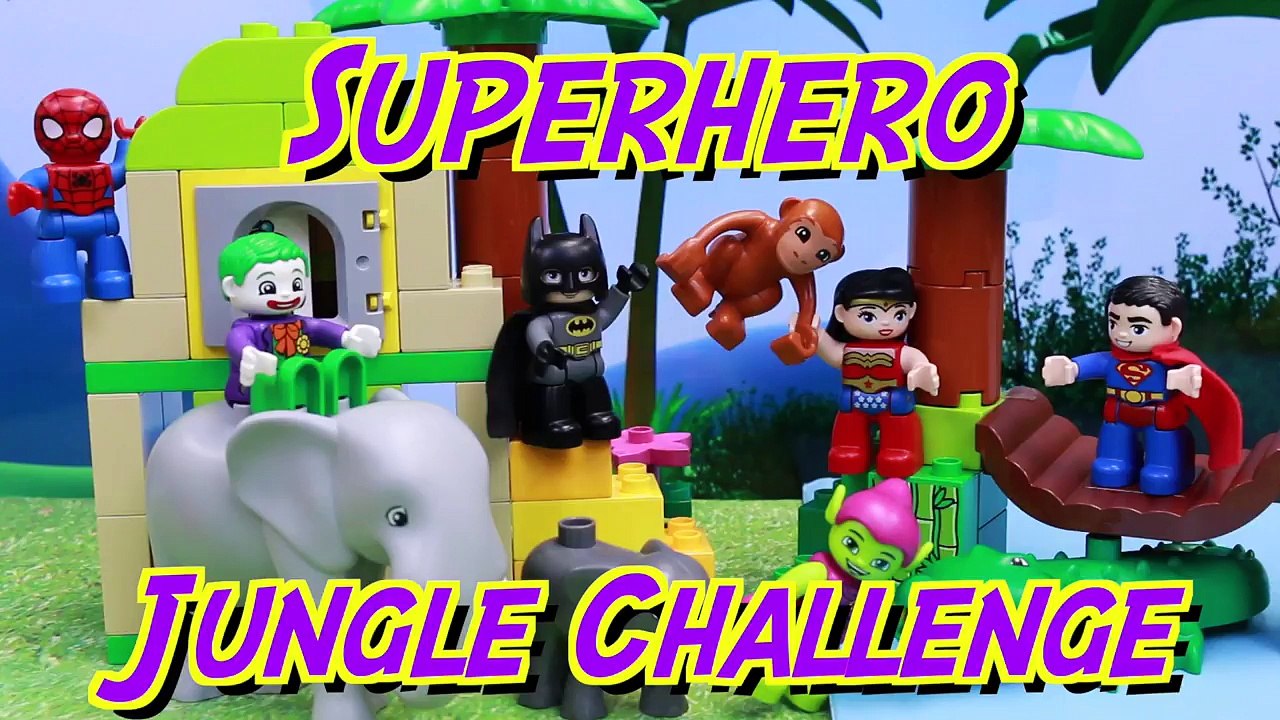 Duplo Lego Jungle Set Review with Superheroes Batman vs Superman and Spiderman Run Challen
