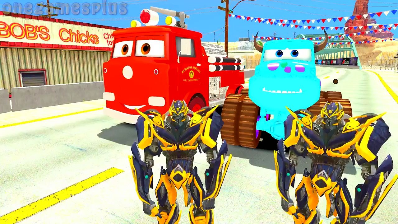 Disney PIXAR cars Red Fire Truck & Monster Sulley Bumblebee Childrens Songs