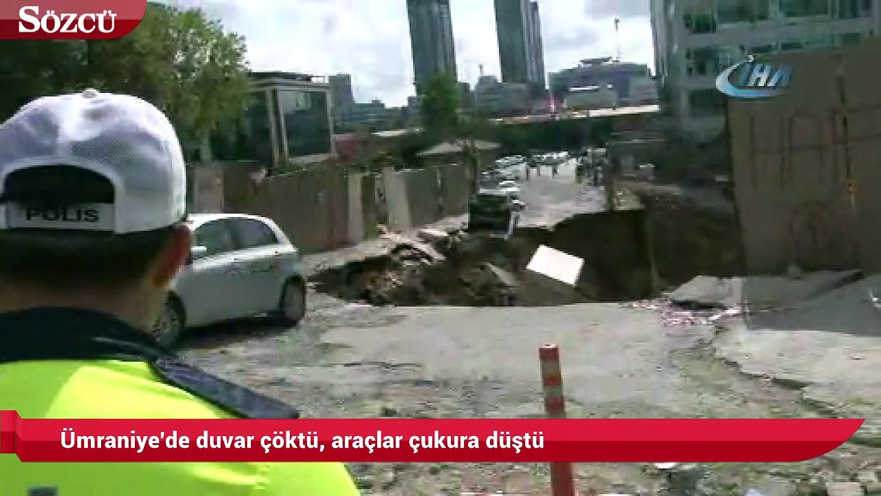 Ümraniye'de duvar çöktü, araçlar çukura düştü