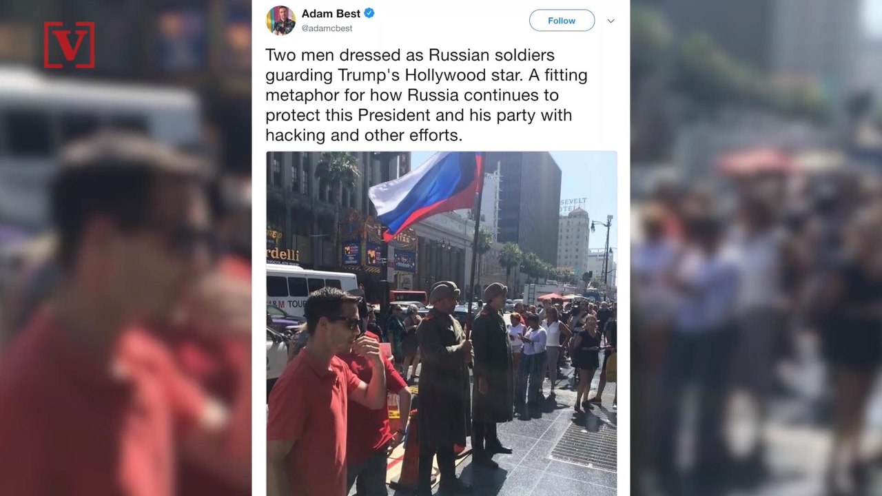 Faux Russian Guards Stand Guard Over Destroyed Trump Walk of Fame Star: Report