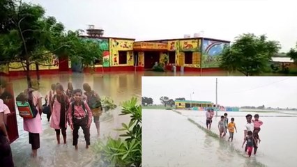 यूपी: बारिश से स्कूल बने तालाब, प्रधानाध्यापक बच्चों को गोद में उठाकर ले जाते है स्कूल