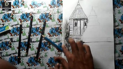 How to draw old temple step by step with charcoal pencils ( 169 )