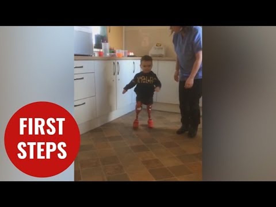 Brave three-year-old meningitis survivor takes his first steps on prosthetics