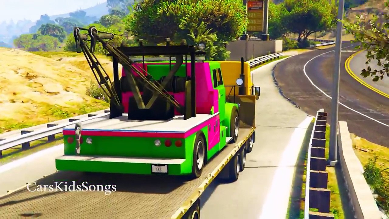 Spiderman Repairs Yellow Tror Cars Cartoon with Trucks for Kids and Childrens Songs