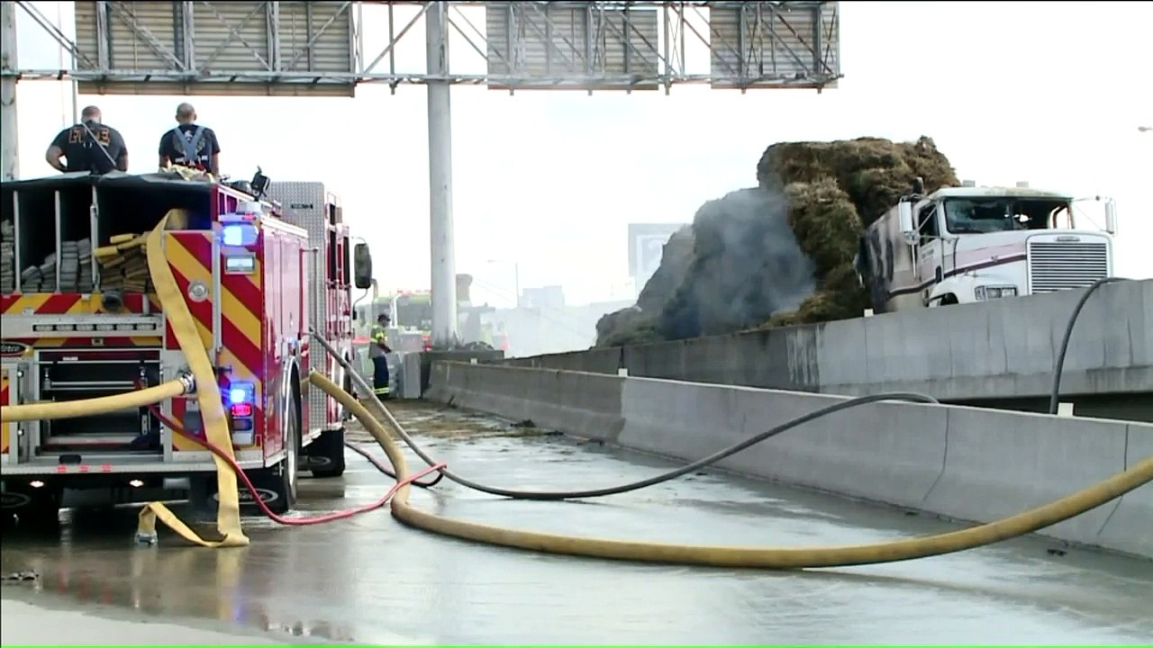 Man's Car Destroyed by Flaming Hay After Semi Fire on Interstate