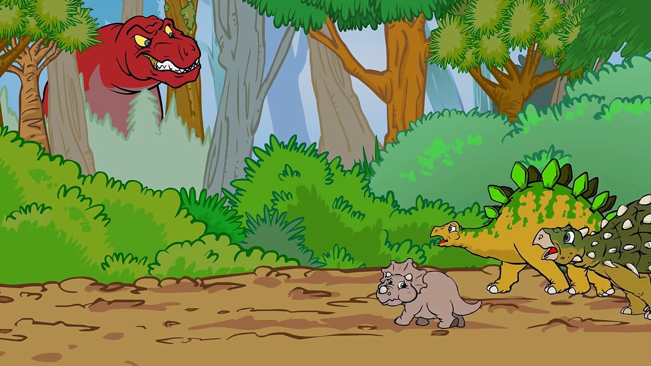 T Rex chases Triceratops Dinosaur Songs from Dinostory by Howdytoons S1E7