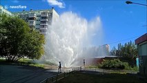 Water pipe bursts in Russia, spraying colossal fountain into sky