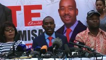 Movement for Democratic Alliance’s Nelson Chamisa speaking to journalists in Harare on Friday. He dismissed Zimbabwe’s presidential election outcome as fraudule