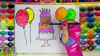 Learn Colors for Kids and Hand Color Watercolor Birthday Cake Balloons Coloring Pages Quie
