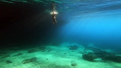 Snorkeler blows column of bubble rings, swims through