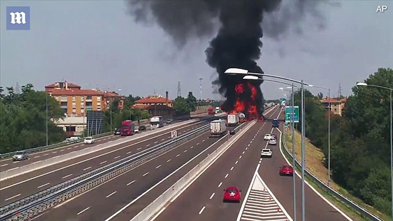 New CCTV shows moment gas tanker plowed into back of a truck, sparking explosion that left one dead and scores injured in Italy