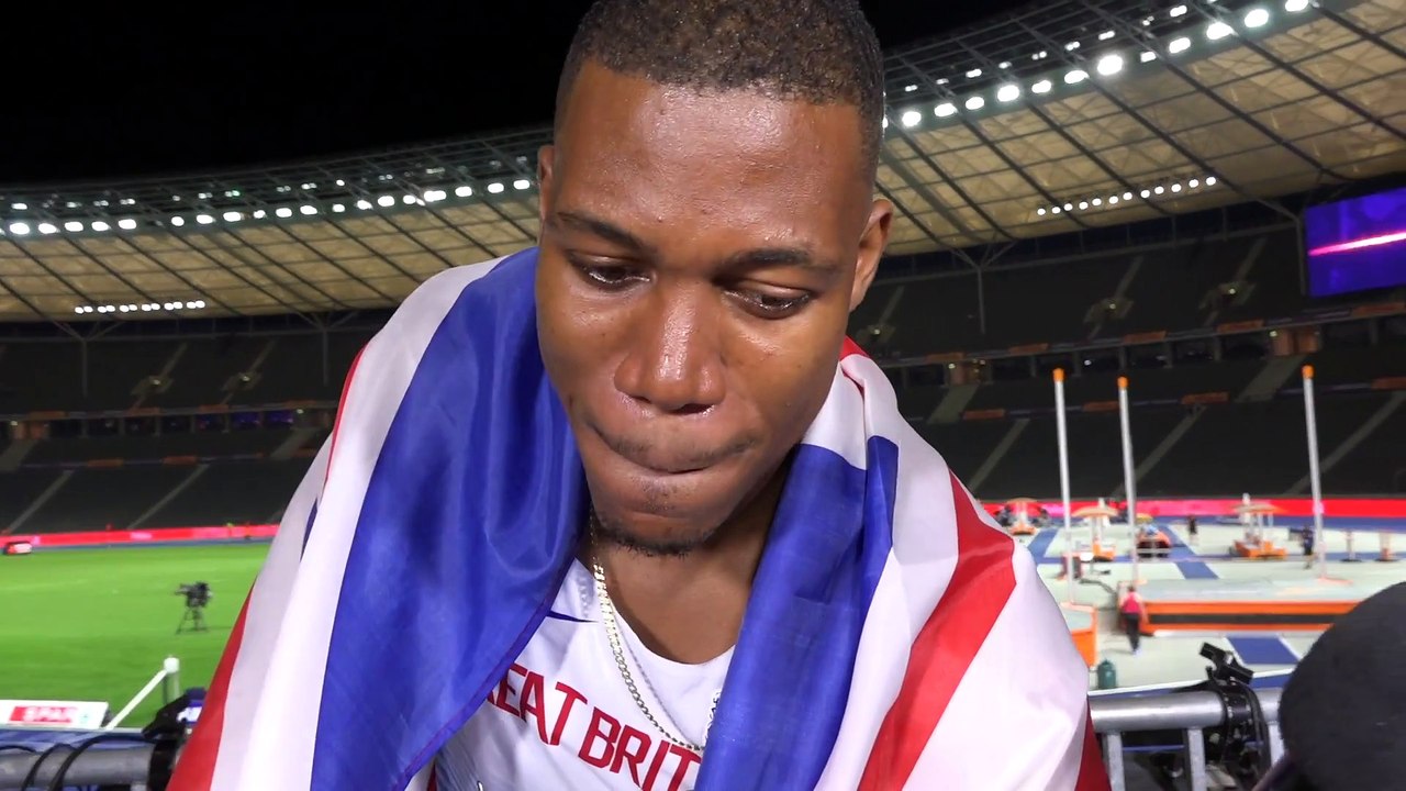 Zharnel Hughes (GBR) after winning Gold in the...
