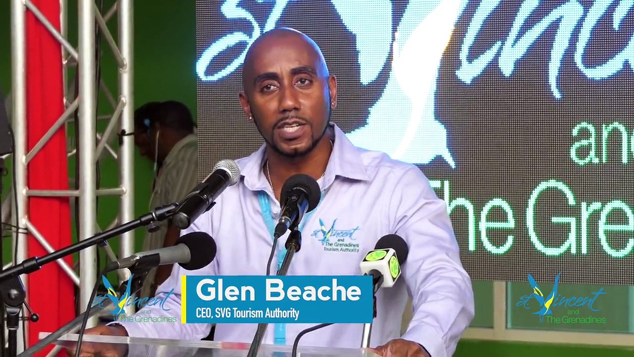 Glen Beache (CEO, SVG Tourism Authority) and Hon. Cecil McKie (Minister of Tourism, Sport and Culture) give brief remarks at the inaugural Air Canada Rouge firs