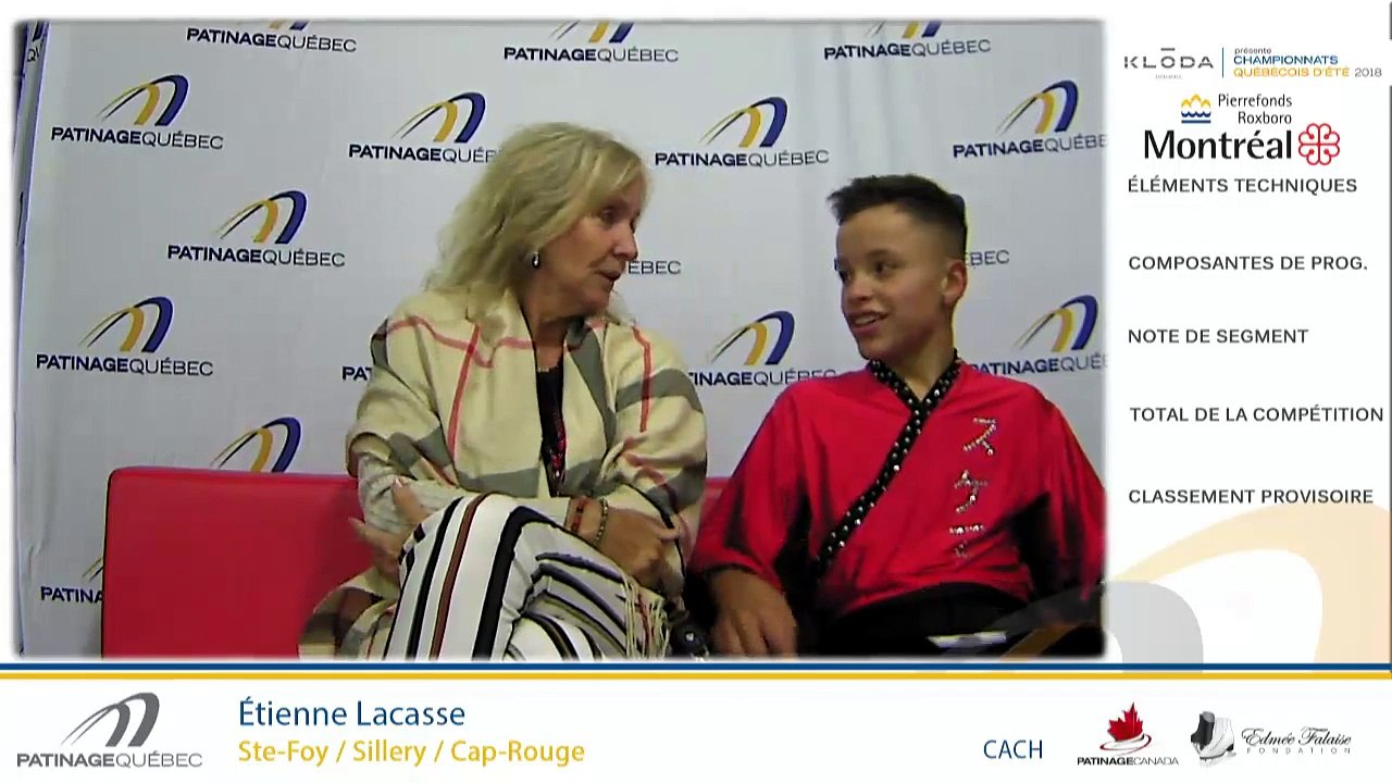 Championnats québécois d'été 2018 Eve. 1 Juvénile Couple + Eve. 2 Pré-Novice Couple Prog. Court + Eve. 3 Pré-Novice Messieurs Prog. Court Échauffement 1-2 + Eve. 4 Novice Couple Prog. Court + Eve 5 Juvénile moins de 14 ans Dames Gr. 1 Échauffement 1-5