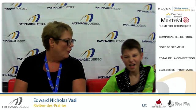 Championnats québécois d'été 2018 Eve. 33 Juvénile moins de 14 ans Messieurs Échauffement 1-3 + Eve. 34 Pré-Novice Dames Gr. 2 Prog. Court Échauffement 1-5