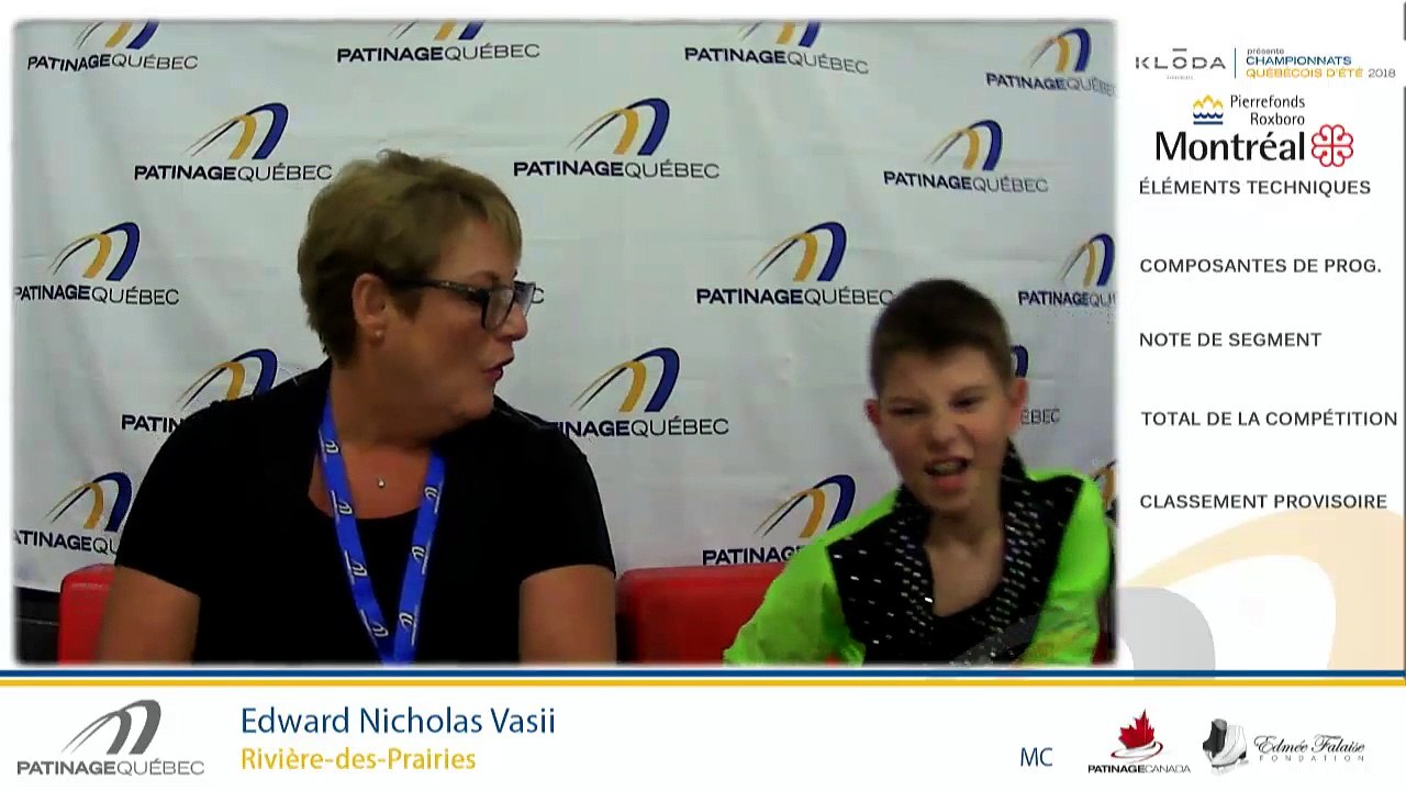 Championnats québécois d'été 2018 Eve. 33 Juvénile moins de 14 ans Messieurs Échauffement 1-3 + Eve. 34 Pré-Novice Dames Gr. 2 Prog. Court Échauffement 1-5