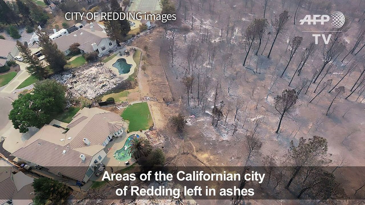 Bird's eye view of the scorched city of Redding, California